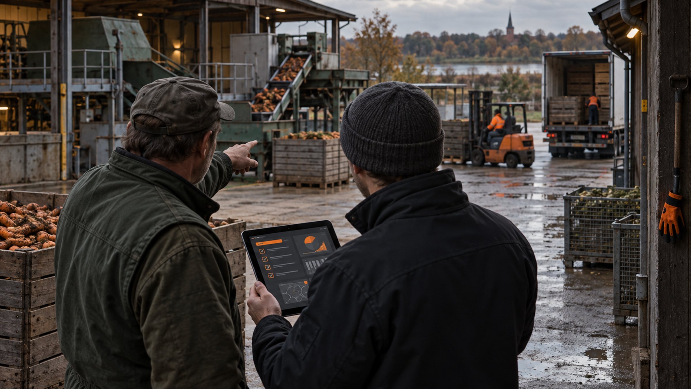 IT-Leiter und Betriebsleiter besprechen einen digitalen Arbeitsablauf auf einem landwirtschaftlichen Betrieb